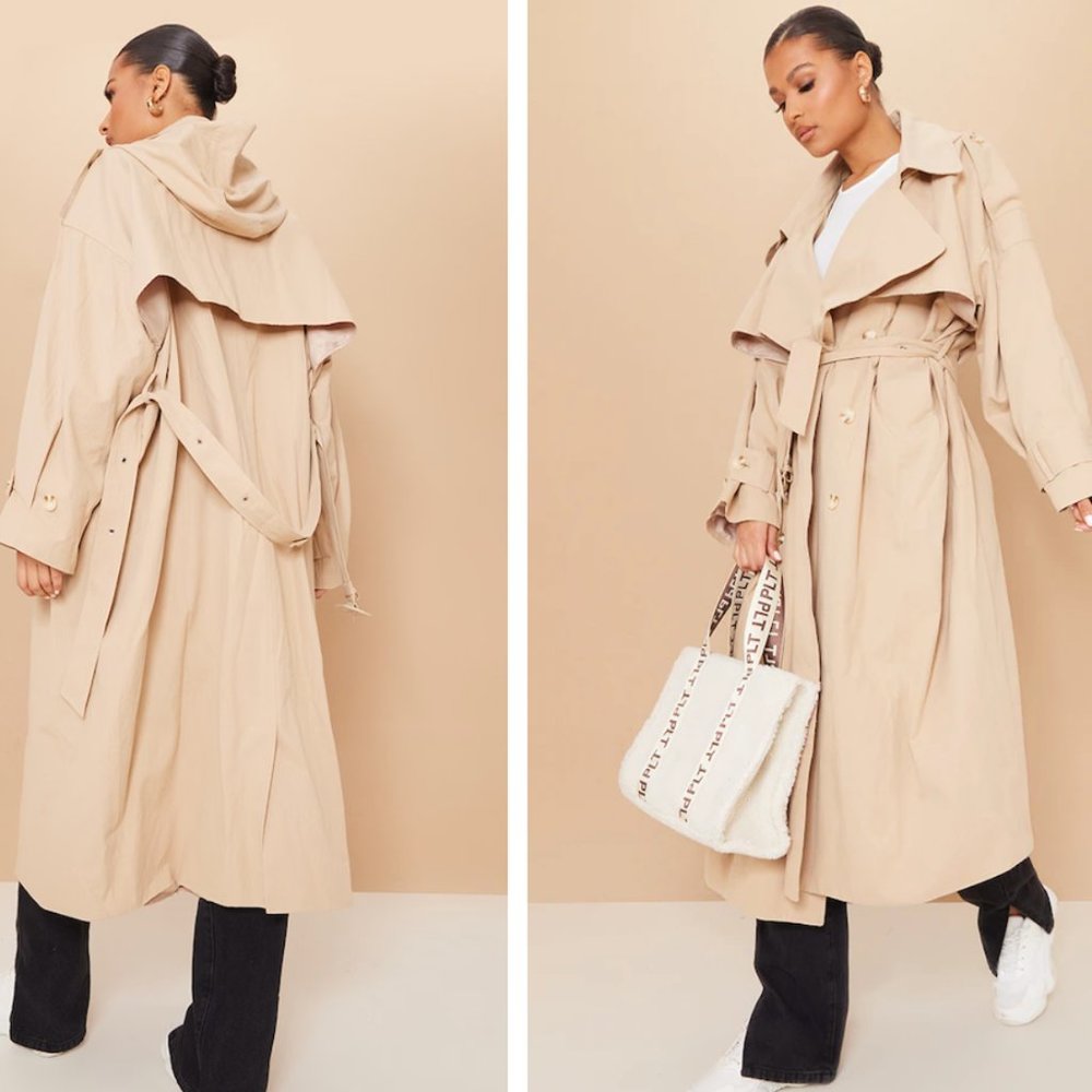 PRETTY LITTLE THING Stone Hooded Oversized Woven Trench Coat